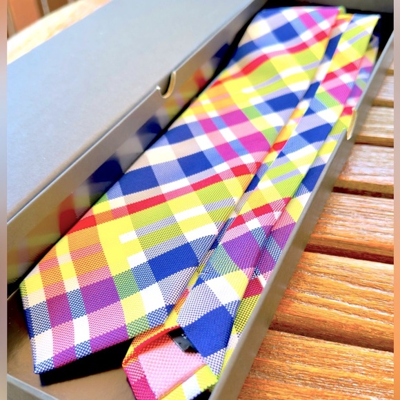 ✨VIBRANT NEON✨🔥🆕💯LVMH AUTHN THOMAS PINK STRIKING BRIGHT NEON GEOMETRIC WOVN TIE🔥 - Picture 1 of 17